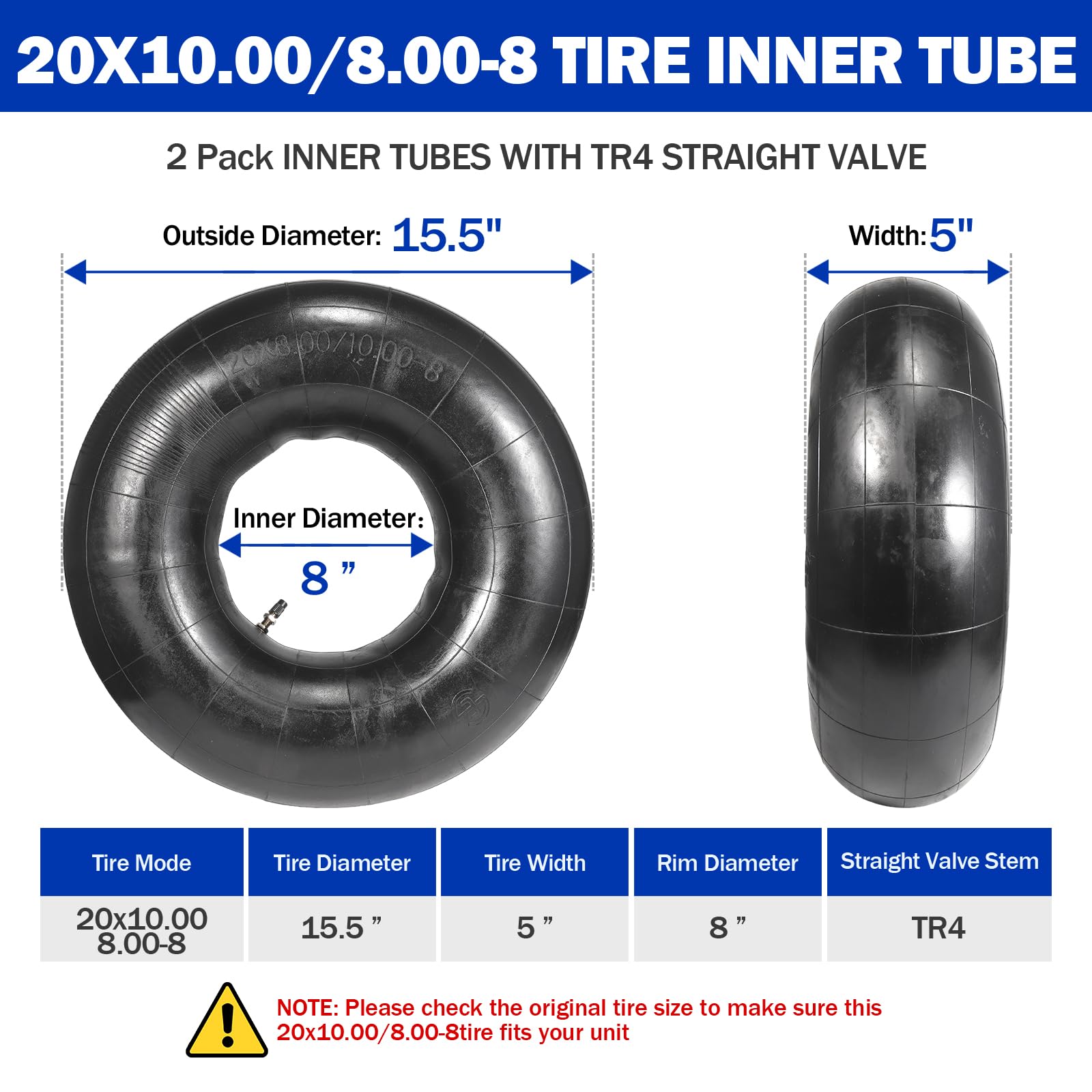 2Pack 20x10-8,20x8-8,20x10.00-8,20x8.00-8 Inner Tube, Heavy Duty Garden Trailer Tire Inner Tubes With TR-4 Straight Valve Stem F
